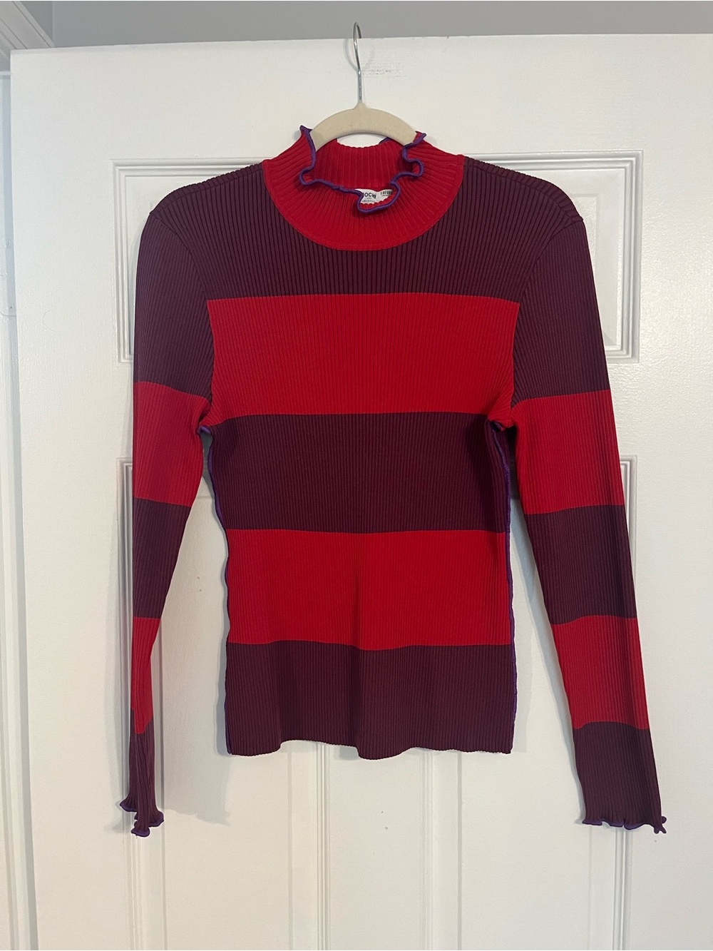 Koche Collective Red and Burgundy Striped Ribbed Mock Neck Long Sleeve Top